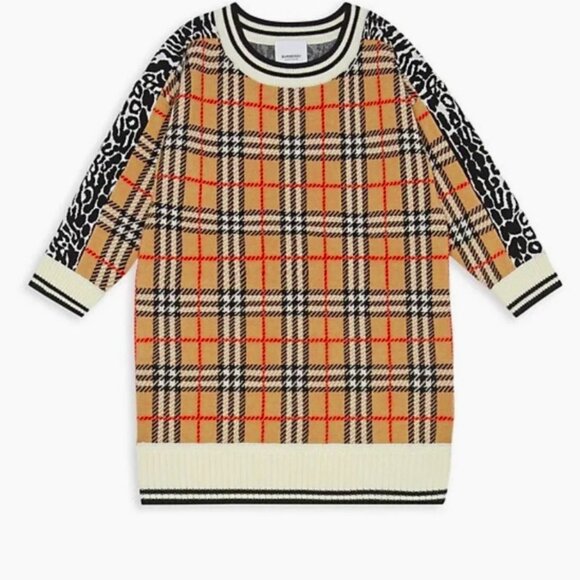 Burberry Girl Vintage Check Leopard Print Wool Dress - Camel, Black, Sz 8Y - NWT - Picture 1 of 9